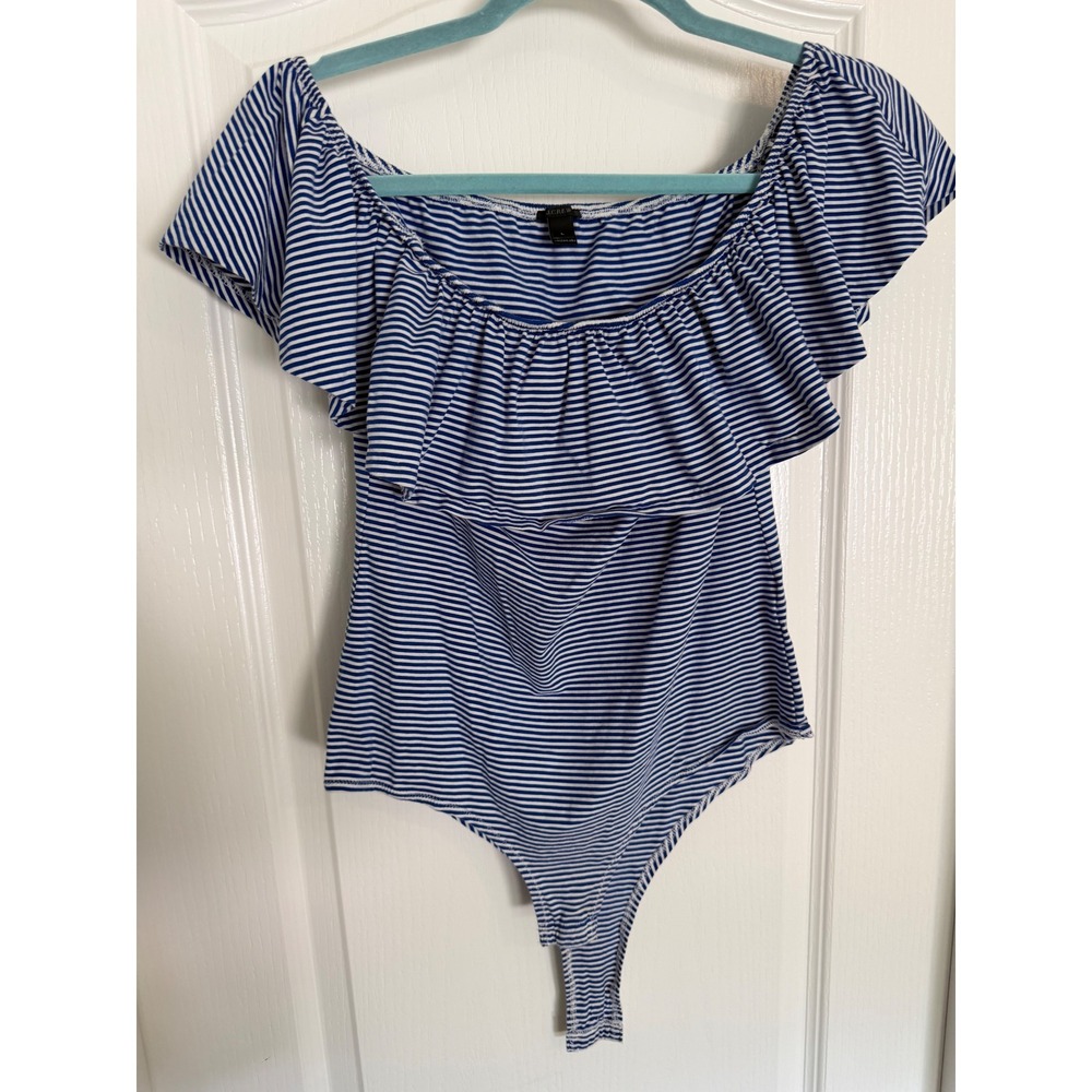 J.Crew Blue Stripe Bodysuit Womens Ruffle Off Shoulder Knit EUC L